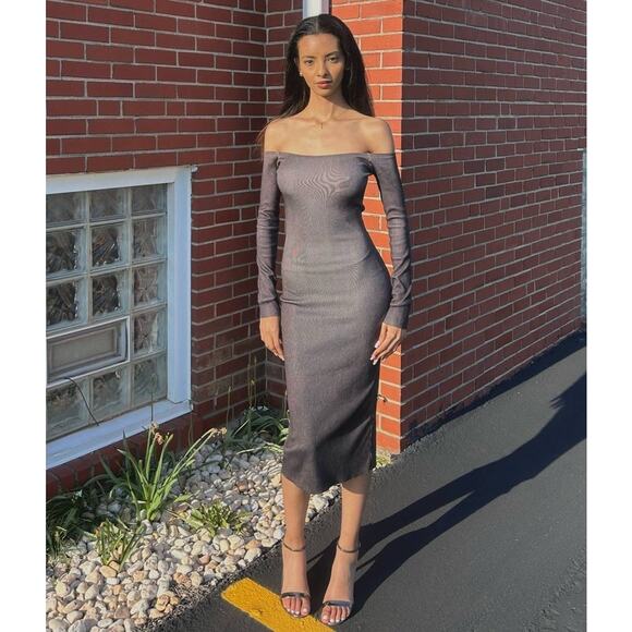 ZARA Off Shoulder Fitted Midi Dress NWT | Grey Ombre | Long Sleeve - Picture 10 of 16